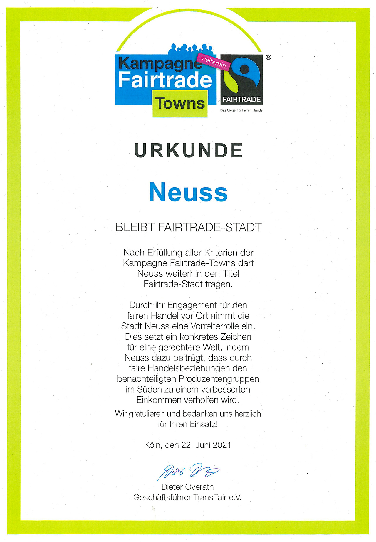 Urkunde: Neuss bleibt Fairtrade-Stadt